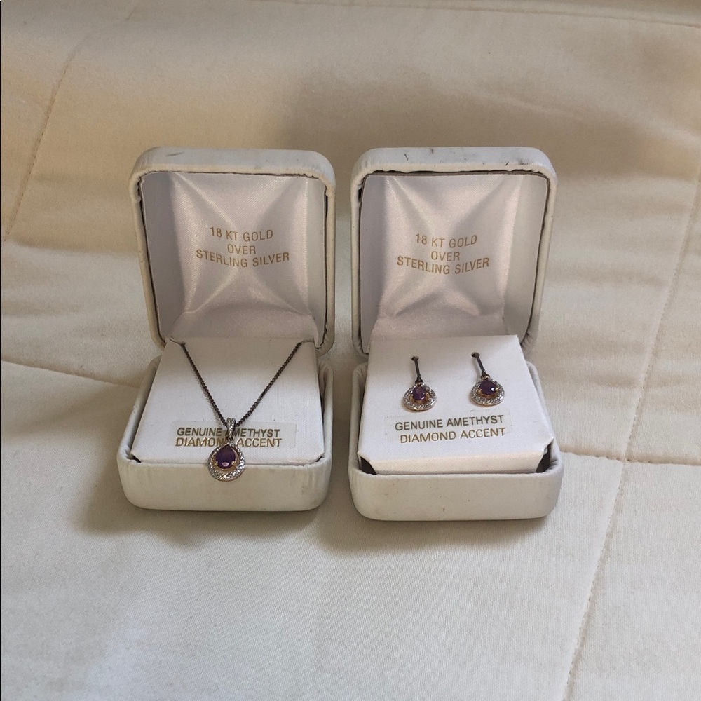18K Gold Over Sterling Silver Amethyst Pendant & Earrings Set